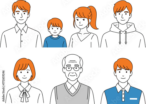 Cartoon multi‑generational family group, orange hair, white and blue clothing, standing together, parents, children, elderly man, unity, community, relationship, flat design, vector illustration