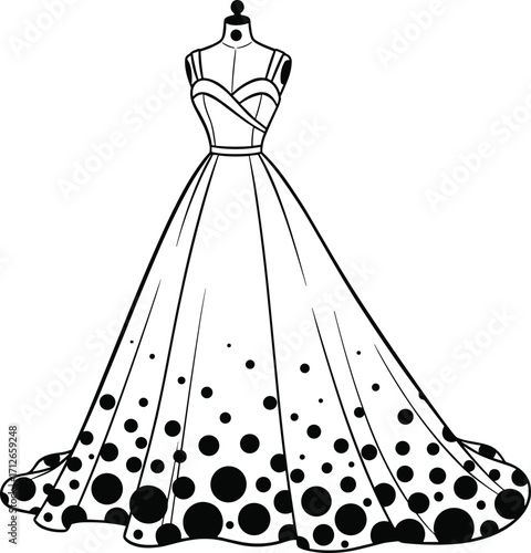 Elegant gown vector illustration with crisscross straps and dotted gradient skirt, black and white fashion design, artistic dress concept