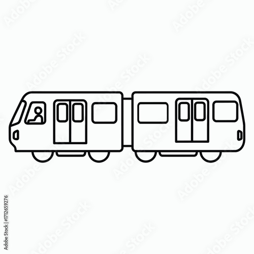 Black and white line art illustration of a two car subway train with driver public transport transportation