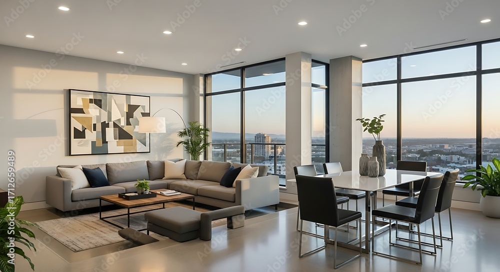 Fototapeta premium Modern Open-Concept Living Room with City Views.