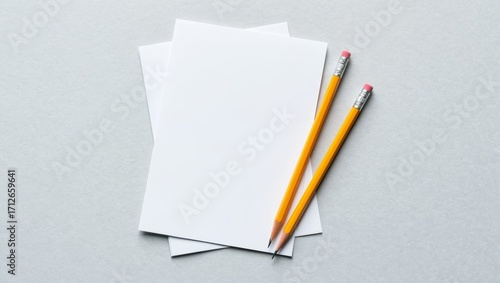 A pair of yellow pencils on a stack of blank white paper sheets, perfect for your mockup or creative design project with ample copy space