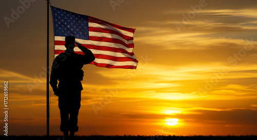 Patriotic tribute: Silhouette of soldier saluting the United States flag at sunset