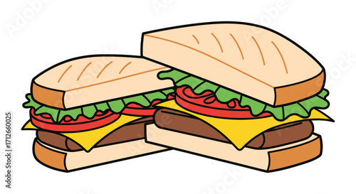 Two delicious cartoon sandwiches with meat and cheese.