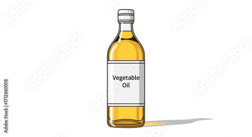 A clear glass bottle of yellow vegetable cooking oil.