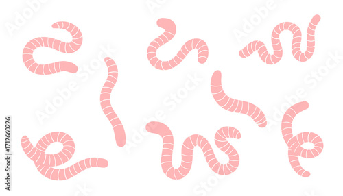 Pink worms set. Hand drawn striped curvy creatures in various shapes and positions. Funny cartoon style wiggly animals collection. Flat nature vector illustration isolated on white.
