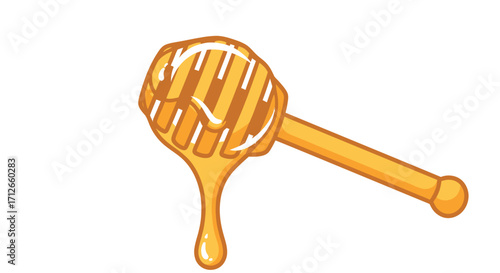 Wooden honey dipper stick with dripping golden honey illustration.
