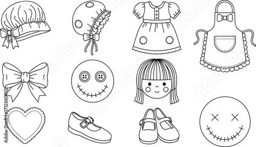 Vintage doll elements vector set with stitched faces, bonnets, dresses, shoes, handmade style icons, black and white illustration