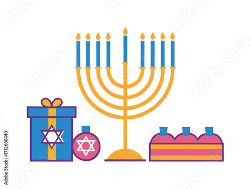 Hanukkah illustration with menorah gift box ornament and dreidel shaped cake isolated