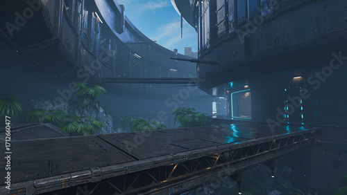 Fantasy science fiction buildings in a jungle environment. 3D render.