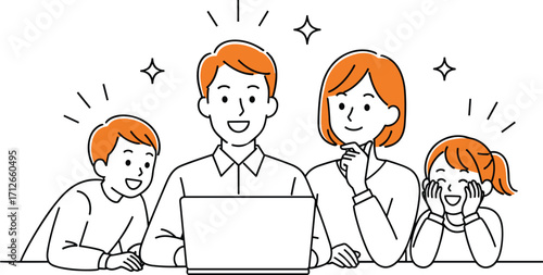Cartoon family of four gathered around laptop, smiling, excited expressions, parents and children, technology, bonding, togetherness, digital device, flat design, vector illustration, stock art