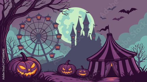 Scary Halloween Night Background with Ferris Wheel and Jack O’Lanterns