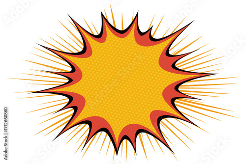 Retro comic explosion burst with yellow halftone. Boom or bubble Star sound effect. Cartoon style speech bubble or starburst graphic element for pop art background, poster frame illustration.