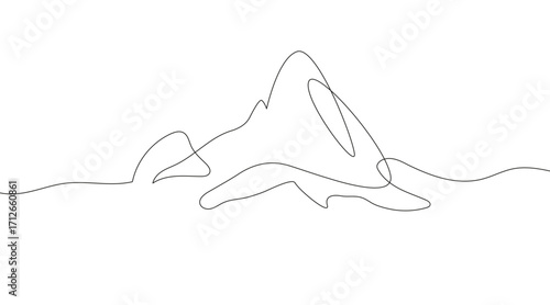 One continuous line drawing of mountain range landscape. Minimal linear doodle of peaks in top view. Ideal for adventure, winter sports, hiking, travel posters, and outdoor vector design.