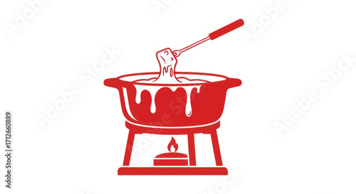 Red Fondue Pot with Fork Dipping into Melted Cheese.