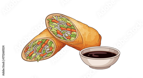 Crispy Asian spring rolls with vegetable filling and dipping sauce.