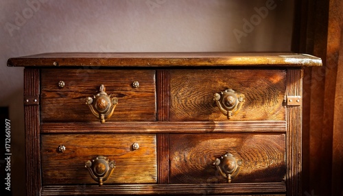 closeup of an old wooden chest of drawers in the room