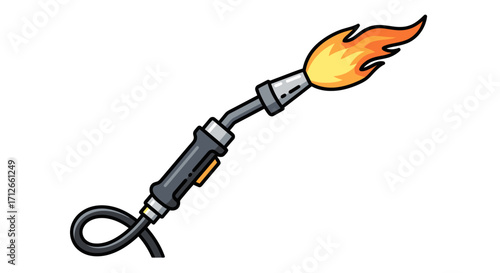 Cartoon illustration of a blowtorch with a bright orange flame.