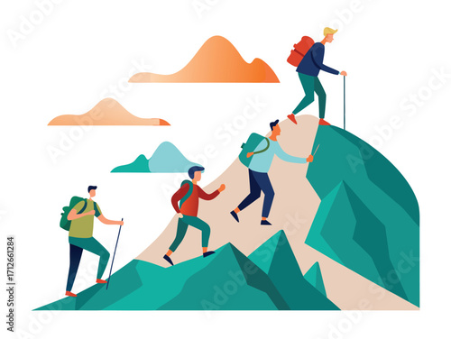 Group of hikers climbs a mountain peak for adventure and accomplishment