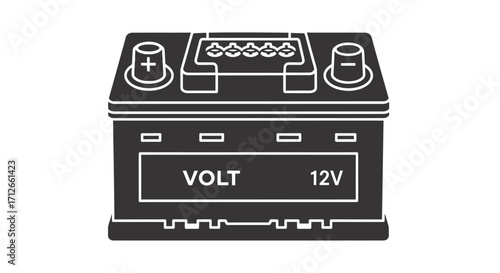 Automotive 12V car battery icon silhouette graphic.