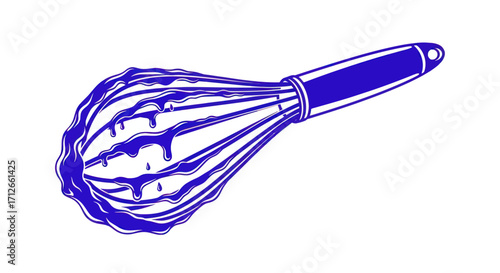 Blue kitchen wire whisk utensil with dripping batter.