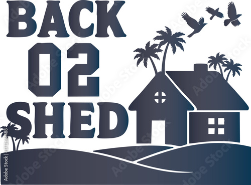 "Back to the Shed" A tranquil, tropical-themed design for a peaceful escape.  This artwork features a simplified, modern house and palm trees on a rolling landscape, with birds flying overhead. 