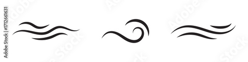 Wind linear sketch set, wind blow line icon. Isolated vector illustration. Wind motion, air blow, swirl elements. Air blow motion, smoke flow art, windy weather symbol, abstract curved line in eps 10.