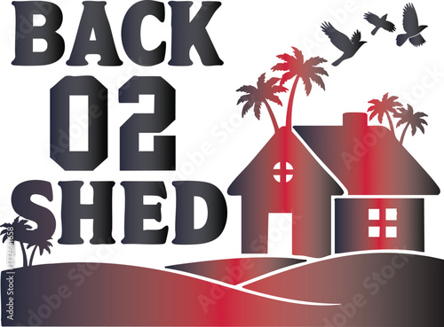 "Back to the Shed" A tranquil, tropical-themed design for a peaceful escape.  This artwork features a simplified, modern house and palm trees on a rolling landscape, with birds flying overhead. 