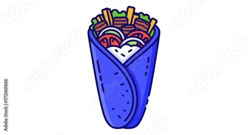 Vibrant blue shawarma wrap cartoon illustration isolated.