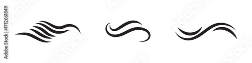 Wind linear sketch set, wind blow line icon. Isolated vector illustration. Wind motion, air blow, swirl elements. Air blow motion, smoke flow art, windy weather symbol, abstract curved line in eps 10.
