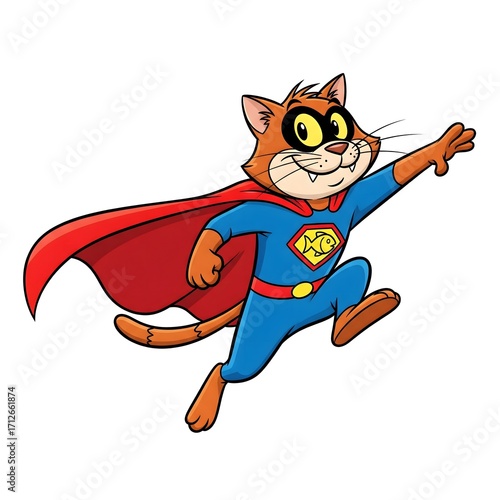 Flying ginger cartoon superhero cat with a yellow mask and red cape, a cute pet character icon for children's comic books and animation