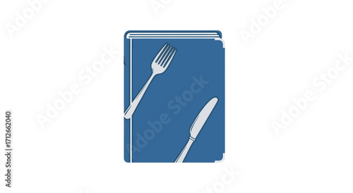 Blue cookbook with fork and knife on the cover.