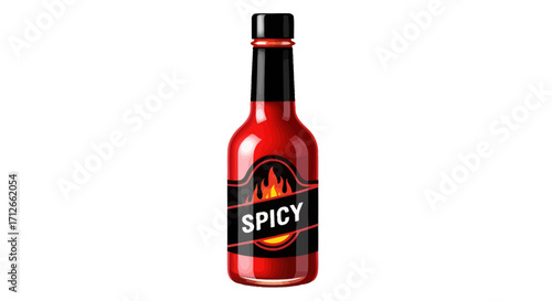 Glass bottle of spicy red hot sauce isolated on a white background.
