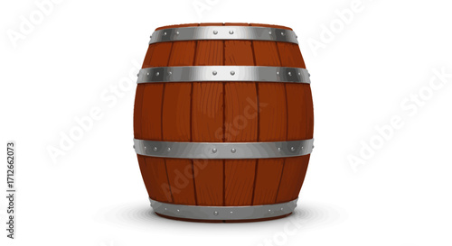 A single traditional wooden barrel with metal bands isolated.