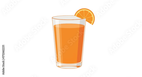 A tall glass of fresh orange juice with a citrus slice garnish.