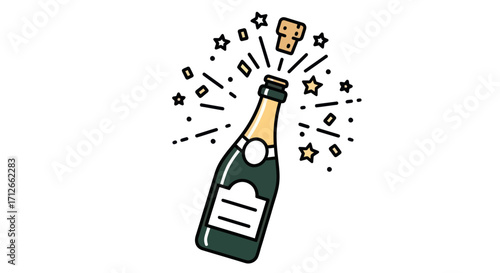 Celebratory champagne bottle popping its cork with stars.