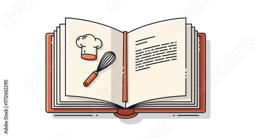 Open recipe cookbook with chef hat and whisk illustration.