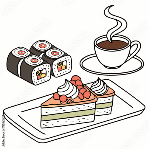 A delightful assortment of japanese sushi rolls two slices of layered cake topped with cream and berries and a steaming cup of coffee presented on a white background perfect for culinary themes