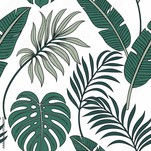 A seamless pattern of various tropical leaves including monstera and banana leaves in shades of green and light gray against a clean white background evoking a lush jungle aesthetic