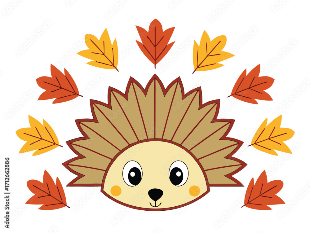 Obraz premium Cute cartoon hedgehog with autumn leaves vector illustration isolated design