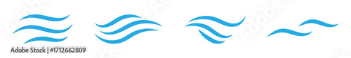 Wind line doodle set. Blue hand drawn wind swirls and gusts. Decorative breeze symbols for weather, nature, and climate designs.