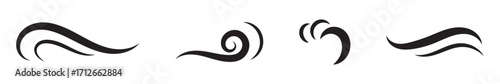 Wind line doodle set. Blue hand drawn wind swirls and gusts. Decorative breeze symbols for weather, nature, and climate designs.