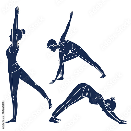 Three minimalist dark blue silhouette illustrations of women performing different yoga poses including triangle pose downward facing dog and a standing pose on a white background