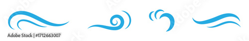 Wind line doodle set. Blue hand drawn wind swirls and gusts. Decorative breeze symbols for weather, nature, and climate designs.