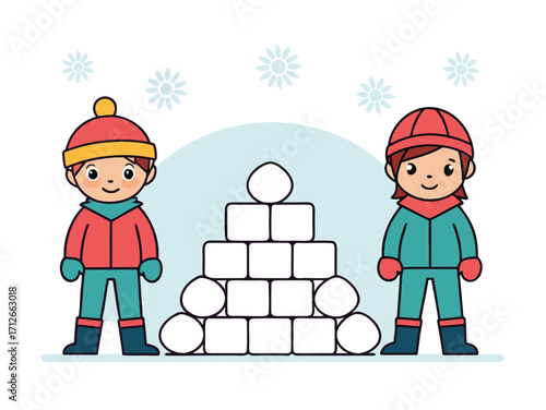 Children Building a Snow Fort Winter Fun and Snowy Day Vector Illustration