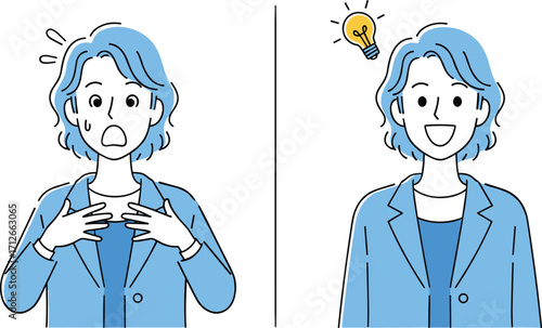 Cartoon character with blue hair, surprised expression, hands on chest, smiling with light bulb, idea, realization, problem solving, creativity, learning, flat design, vector illustration