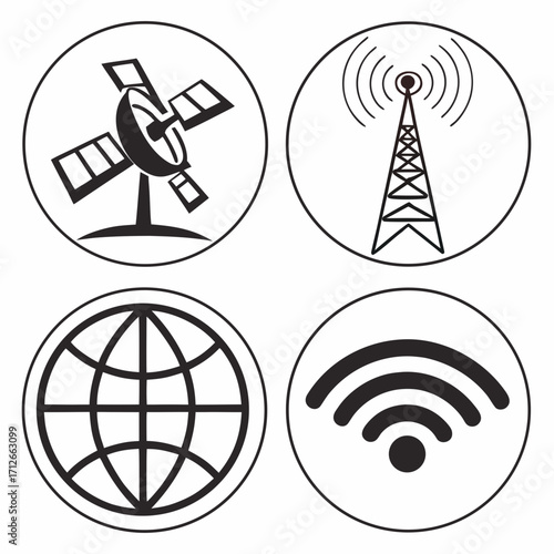 A collage of four circular icons representing communication technologies including a satellite a radio tower a globe and a wi fi symbol all in a simple black and white line art style