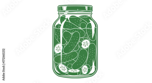 Illustrated glass jar filled with green pickles and slices.