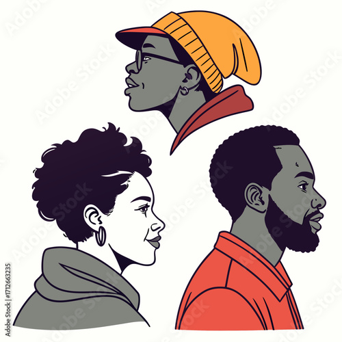 Stylized illustration of three diverse individuals profiles in a modern graphic art style showcasing different ethnicities and fashion choices against a clean white background