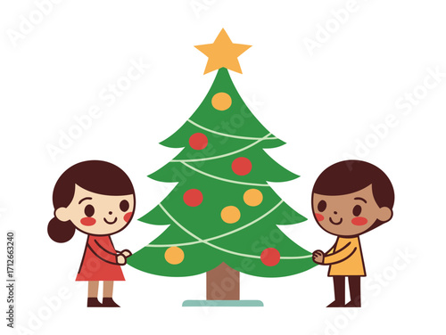 Children decorate Christmas tree together festive seasonal illustration holiday celebration