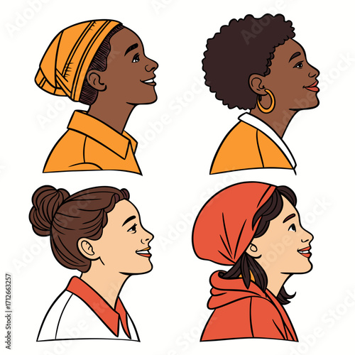 Diverse women in profile looking upwards with hopeful expressions showcasing different ethnicities hairstyles and head coverings in a clean vector illustration style